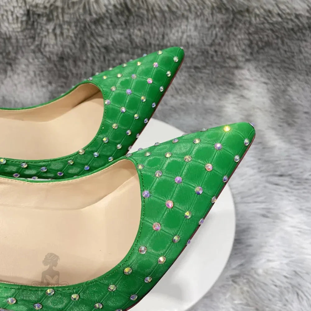 Green Flock Fabric Plaid Pointy Toe High Heel Shoes With Rhinestones For Women