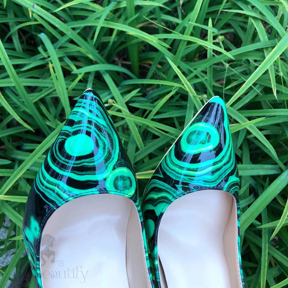 Green Floral Print Patent Pumps With Slip On Pointed Toe Stilettos For Women