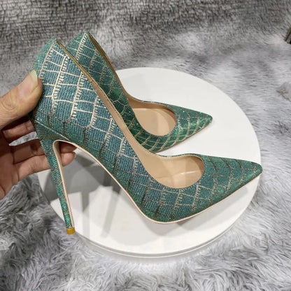 Green Glitter Embossed Crocodile Effect Pointy Toe High Heel Party Dress Shoes For Women