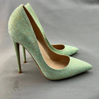 Green Glitter Pointy Toe High Heel Shoes For Women