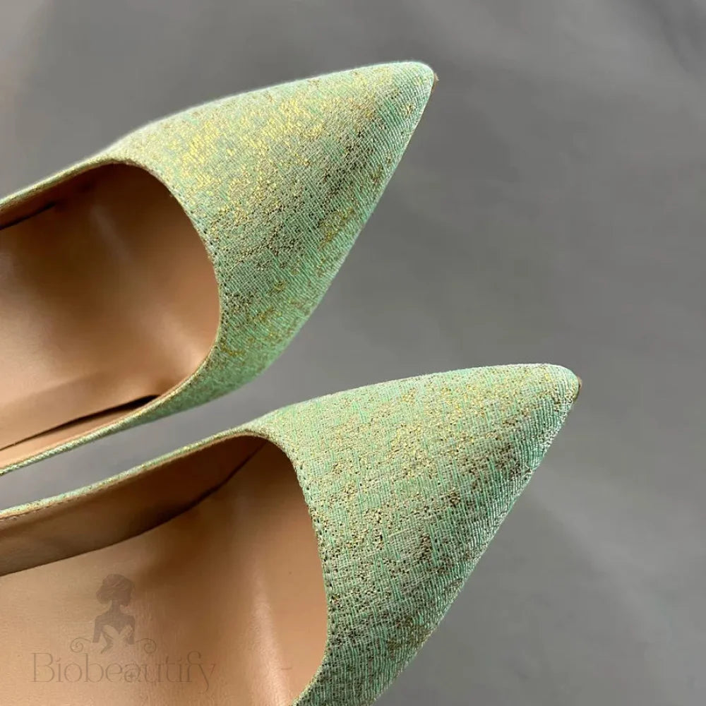 Green Glitter Pointy Toe High Heel Shoes For Women