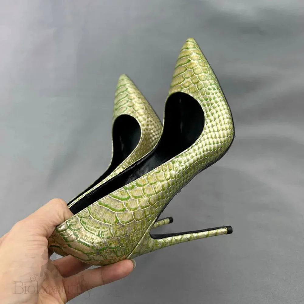 Green Gold Crocodile Effect Pointy Toe High Heel Shoes For Women