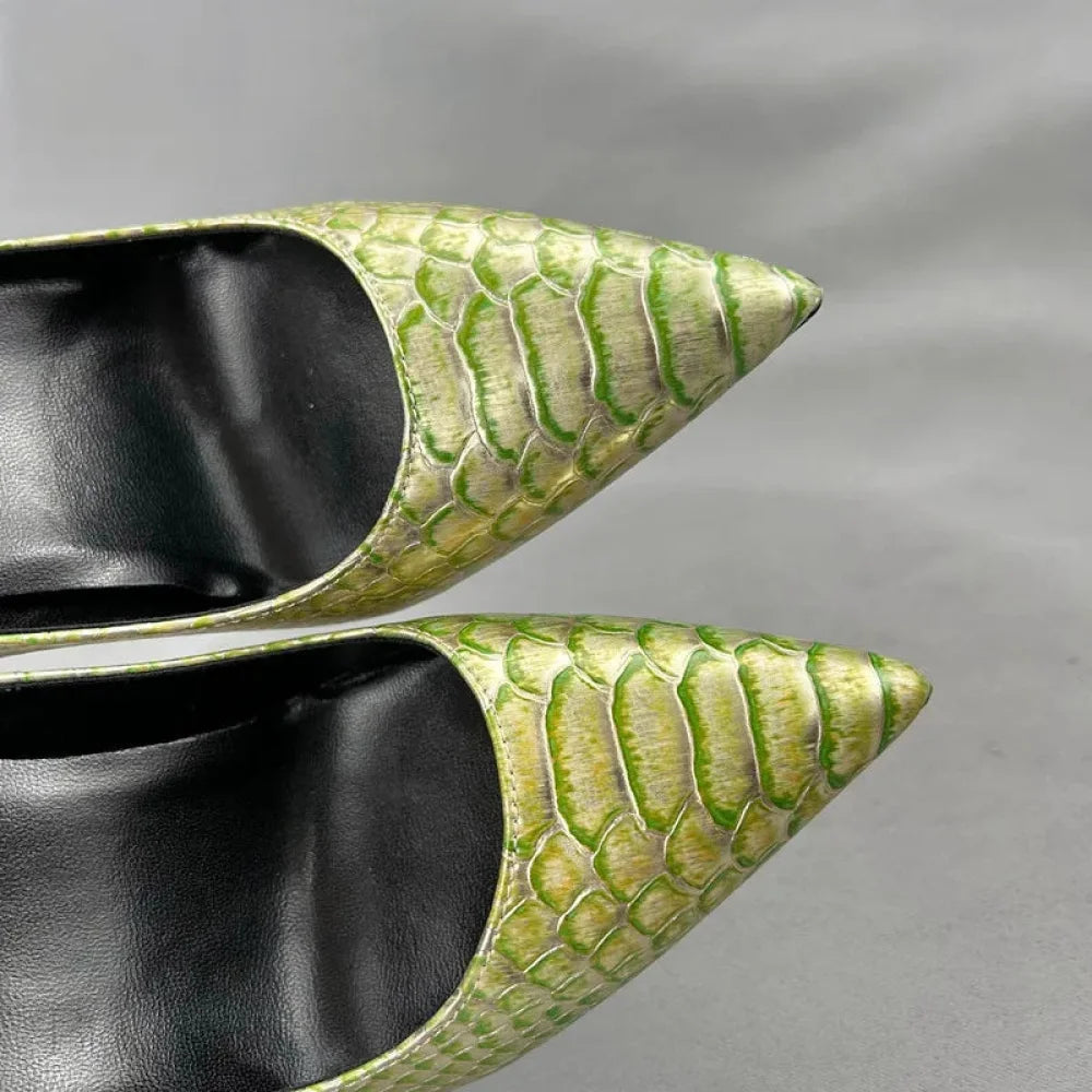 Green Gold Crocodile Effect Pointy Toe High Heel Shoes For Women