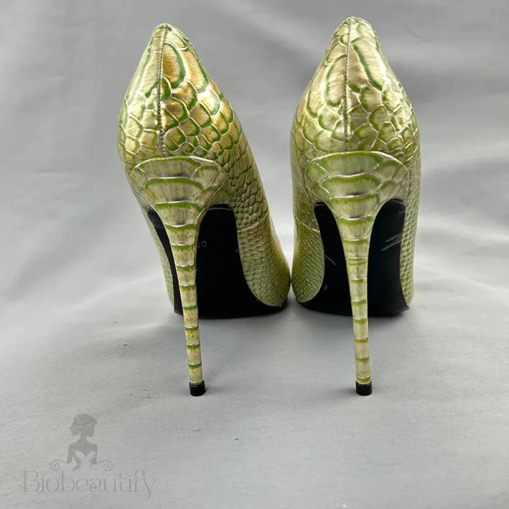 Green Gold Crocodile Effect Pointy Toe High Heel Shoes For Women