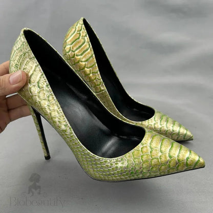 Green Gold Crocodile Effect Pointy Toe High Heel Shoes For Women