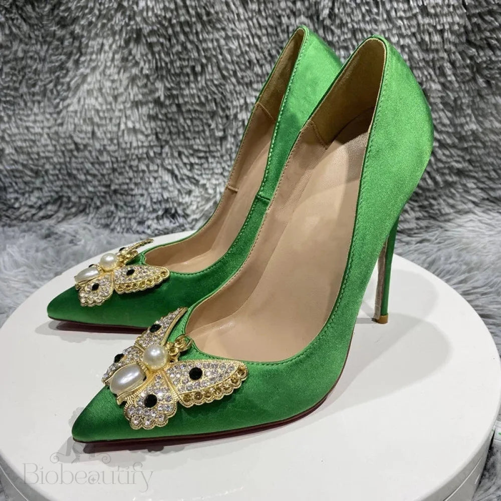 Green Satin Silk Pointy Toe High Heel Shoes With Glitter Butterfly Decor For Women