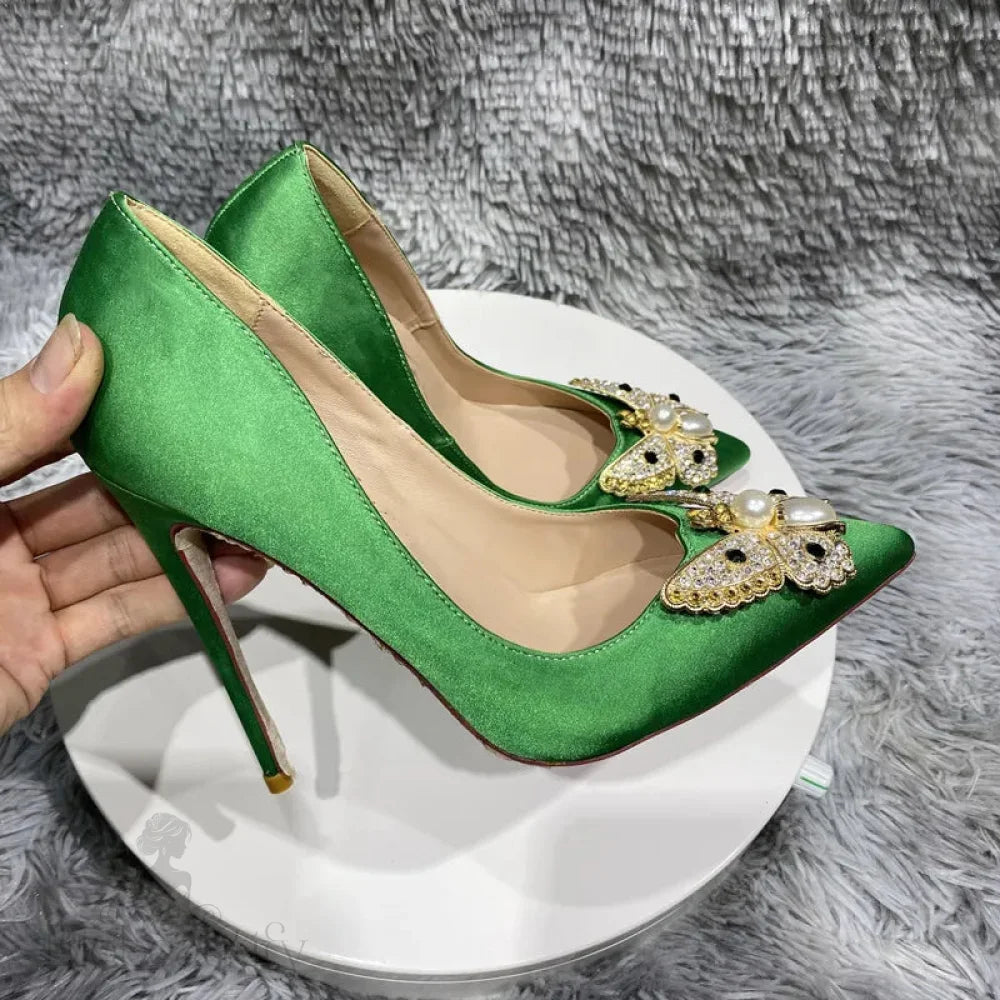 Green Satin Silk Pointy Toe High Heel Shoes With Glitter Butterfly Decor For Women