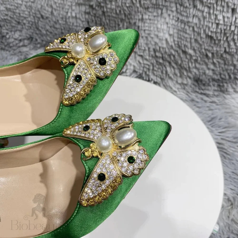 Green Satin Silk Pointy Toe High Heel Shoes With Glitter Butterfly Decor For Women