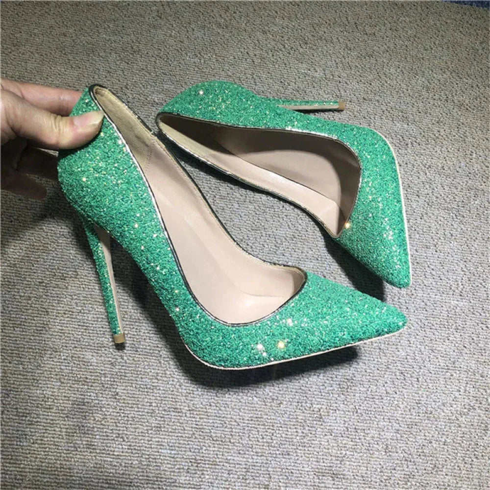 Green Sequined Pointy Toe High Heels For Wedding Bridal Bridesmaid Party