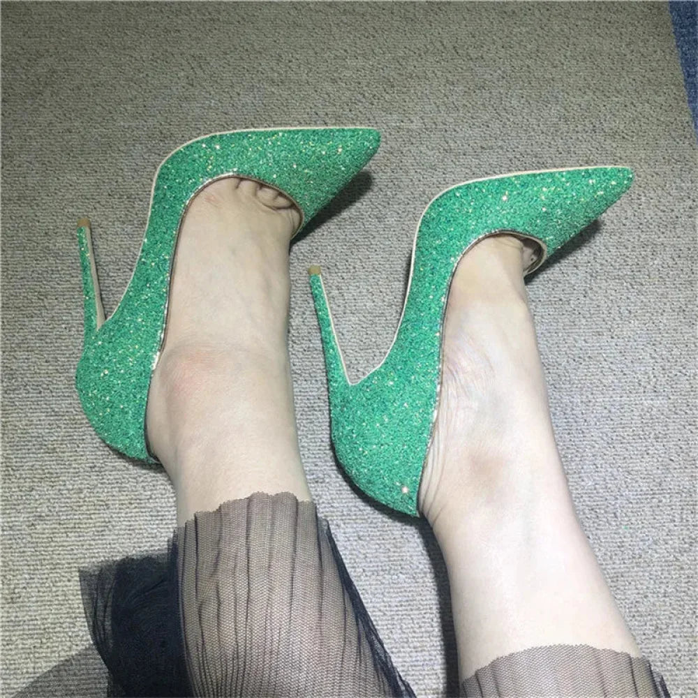 Green Sequined Pointy Toe High Heels For Wedding Bridal Bridesmaid Party