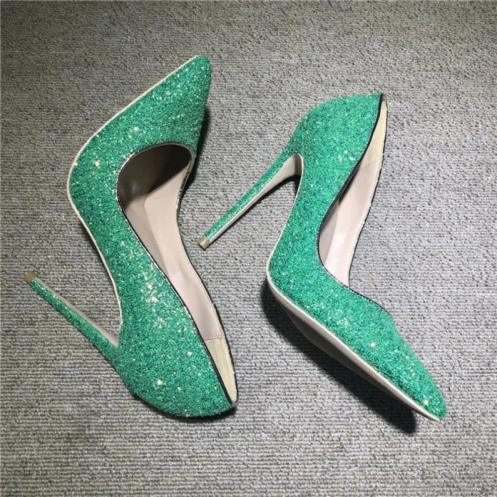 Green Sequined Pointy Toe High Heels For Wedding Bridal Bridesmaid Party