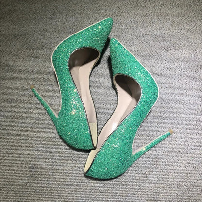 Green Sequined Pointy Toe High Heels For Wedding Bridal Bridesmaid Party