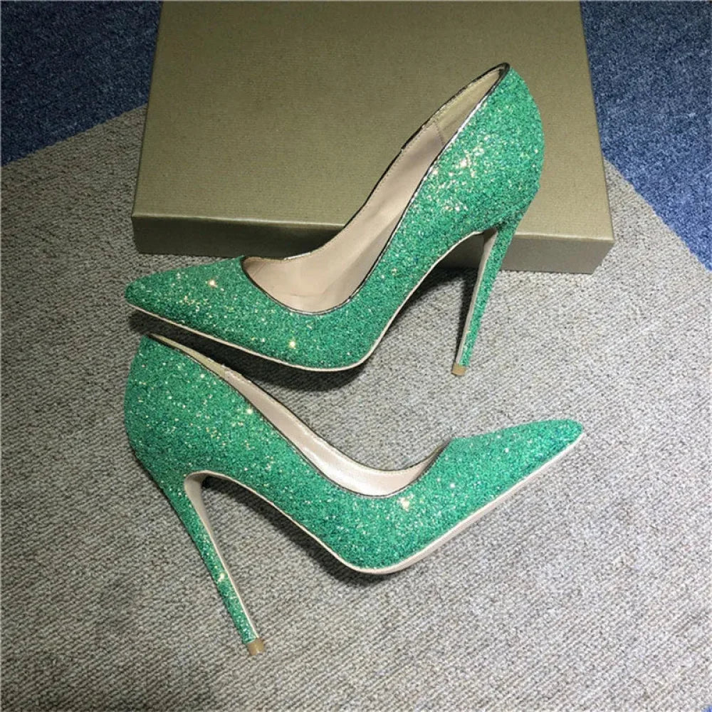 Green Sequined Pointy Toe High Heels For Wedding Bridal Bridesmaid Party