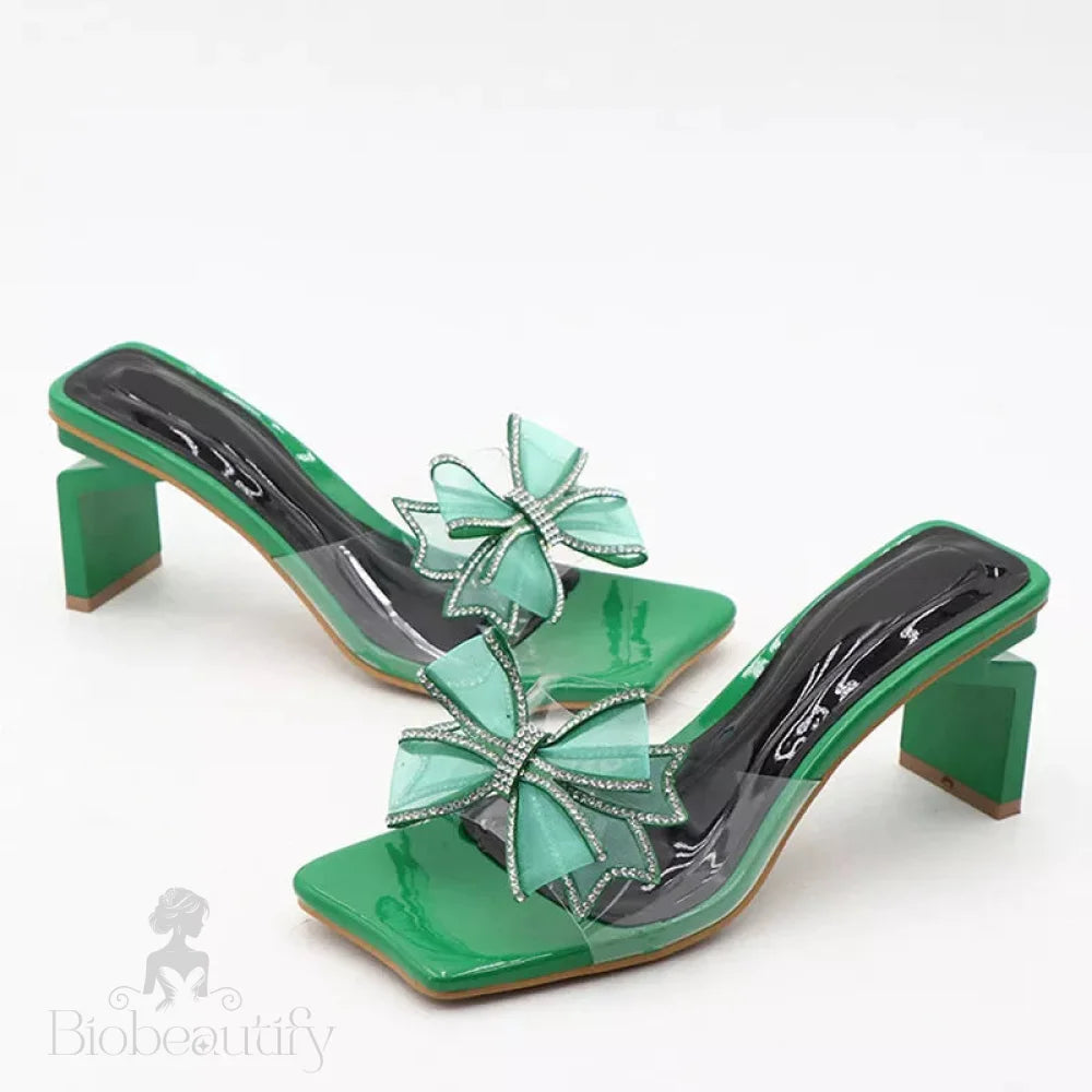 Green Transparent Low Square Heel Women’s Slippers