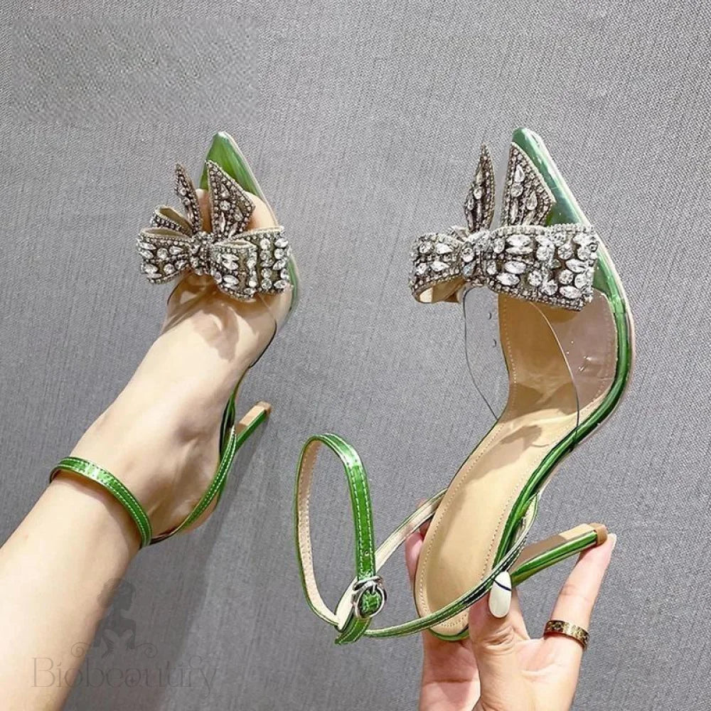 Green Women Sandals Fashion Transparent Pvc Butterfly-Knot High Heels For Party Prom