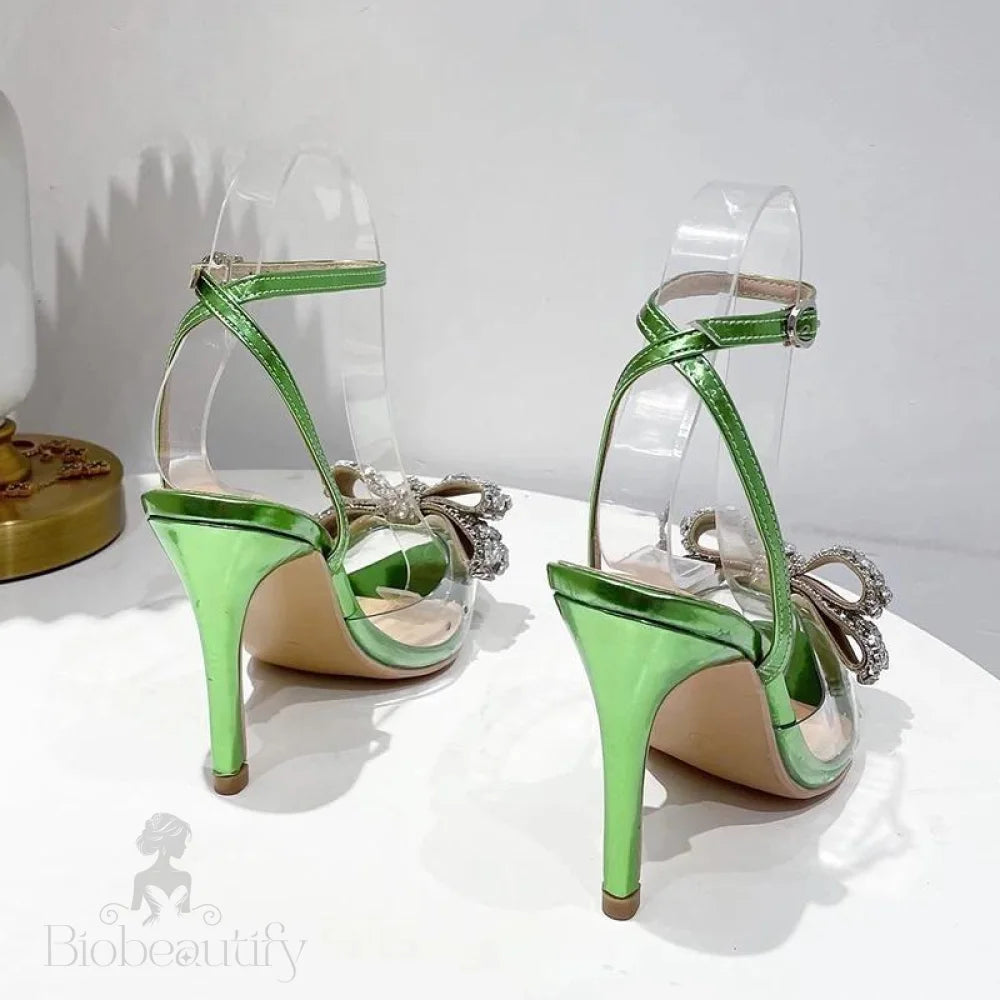 Green Women Sandals Fashion Transparent Pvc Butterfly-Knot High Heels For Party Prom