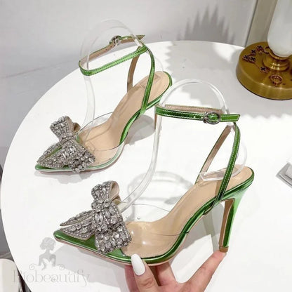 Green Women Sandals Fashion Transparent Pvc Butterfly-Knot High Heels For Party Prom