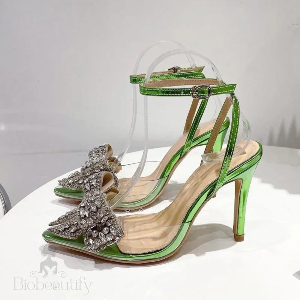 Green Women Sandals Fashion Transparent Pvc Butterfly-Knot High Heels For Party Prom