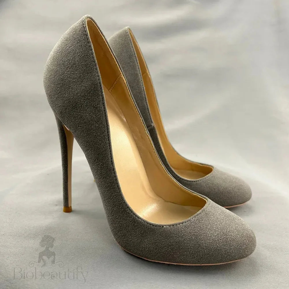 Grey Faux Suede Round Toe High Heel Shoes For Women