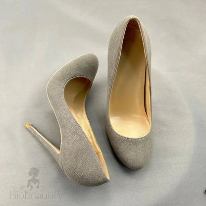 Grey Faux Suede Round Toe High Heel Shoes For Women