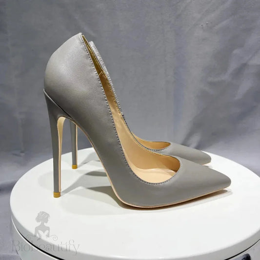 Grey Leather Soft Female Stiletto High Heel Shoes 10Cm Pointy Toe 8Cm / 45