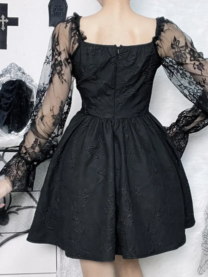 Grunge Party High Waist Gothic Dark Sexy A Line Jacquard Sleeve Lolita Vintage Harajuku Dress