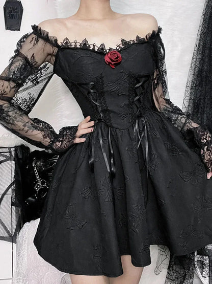 Grunge Party High Waist Gothic Dark Sexy A Line Jacquard Sleeve Lolita Vintage Harajuku Dress