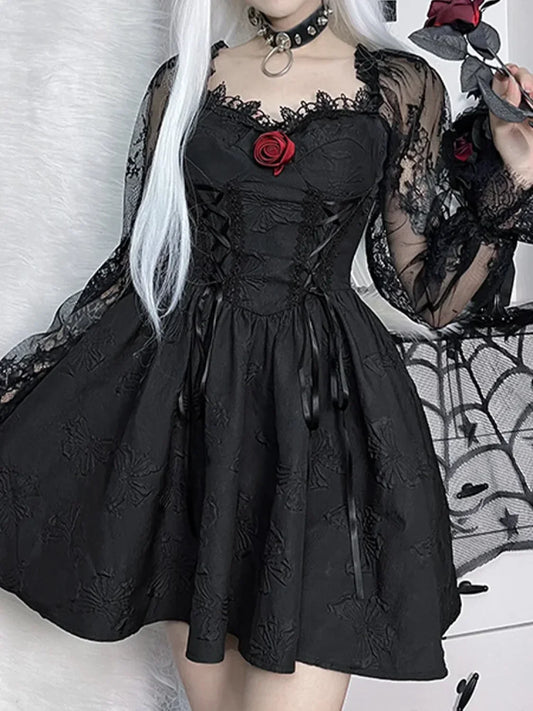 Grunge Party High Waist Gothic Dark Sexy A Line Jacquard Sleeve Lolita Vintage Harajuku Dress