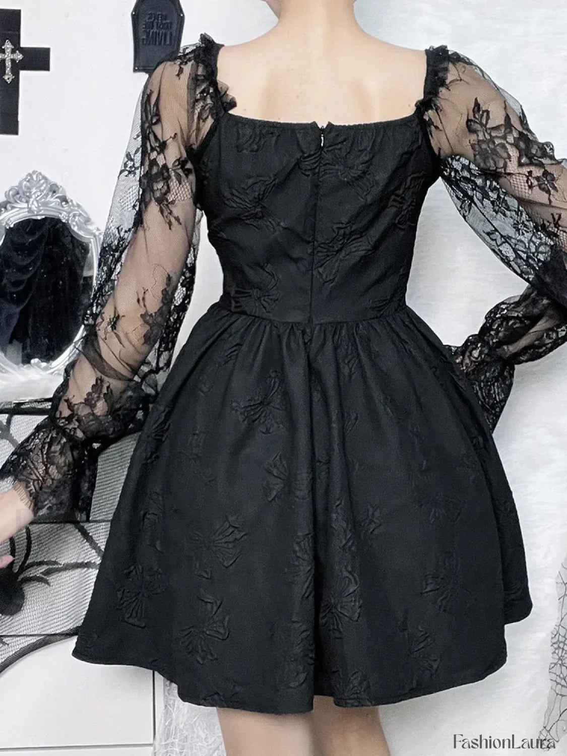 Grunge Party High Waist Gothic Dark Sexy A Line Jacquard Sleeve Lolita Vintage Harajuku Dress