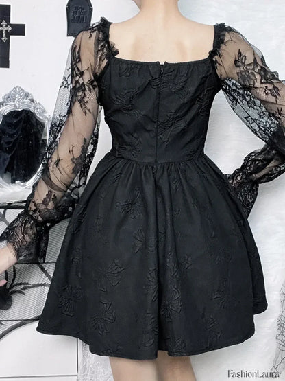 Grunge Party High Waist Gothic Dark Sexy A Line Jacquard Sleeve Lolita Vintage Harajuku Dress