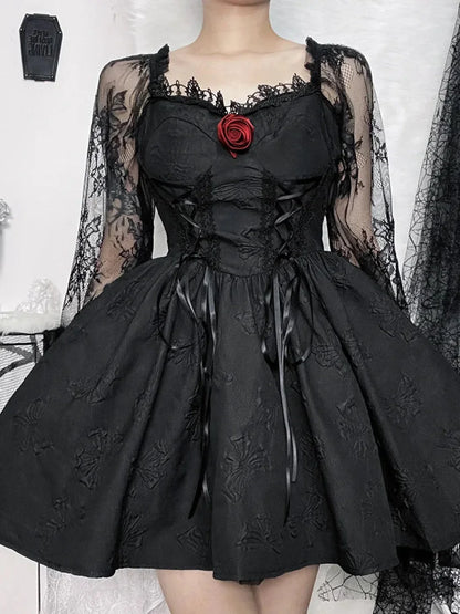 Grunge Party High Waist Gothic Dark Sexy A Line Jacquard Sleeve Lolita Vintage Harajuku Dress Black / S