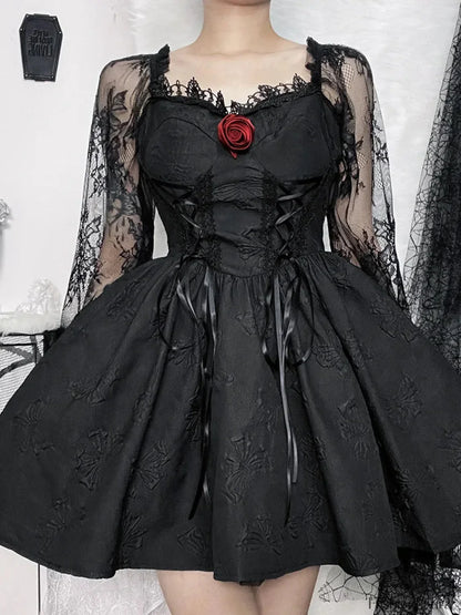 Grunge Party High Waist Gothic Dark Sexy A Line Jacquard Sleeve Lolita Vintage Harajuku Dress Black / S