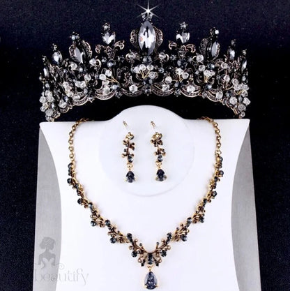 Gwyneth Victorian Gothic Black Bridal Jewelry Set With Tiara 3 Pieces