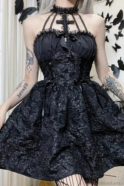 Halloween Gothic Spaghetti Strap Dress Black / S