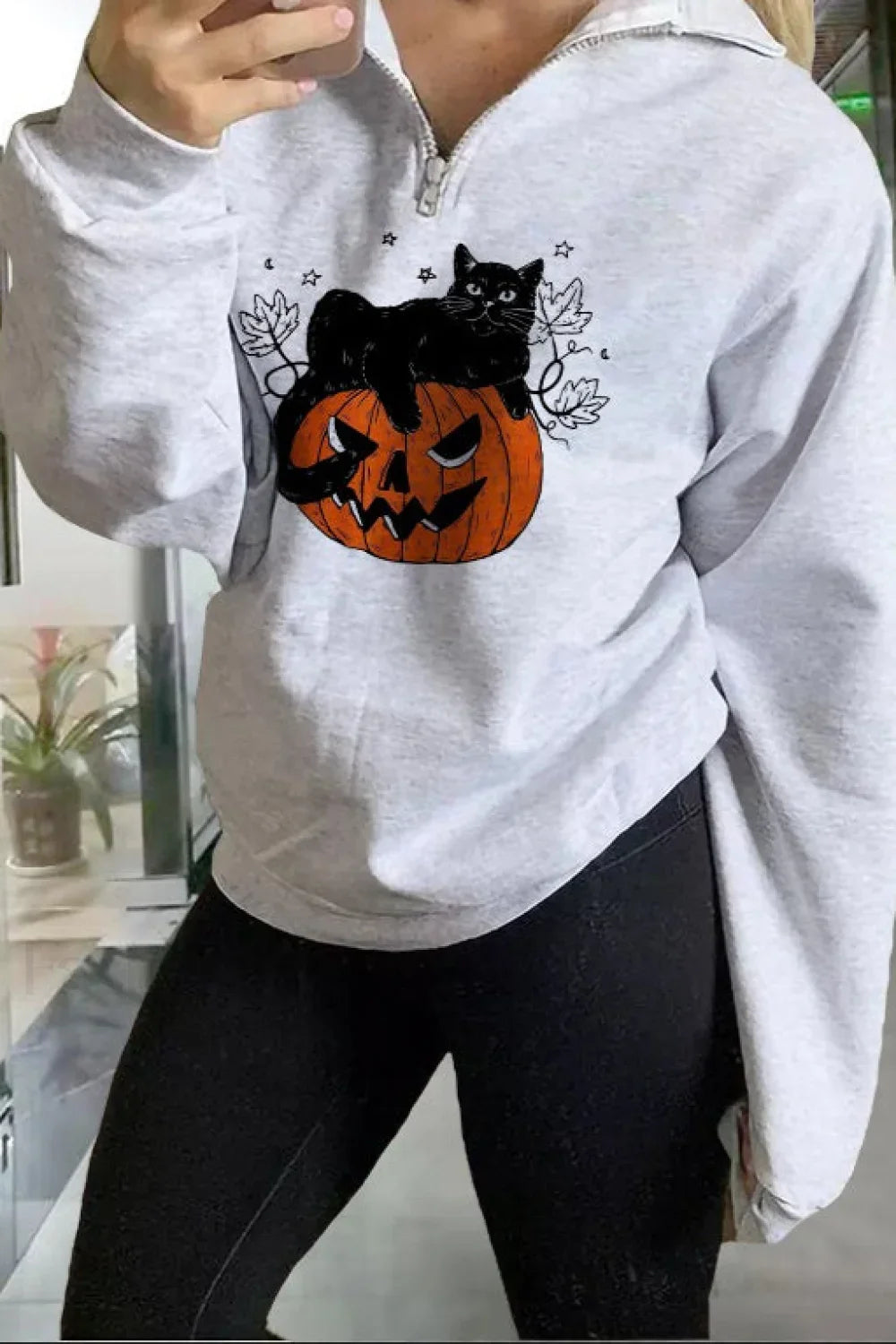 Halloween Pumpkin Cat Print Cotton Hoodie Grey / S