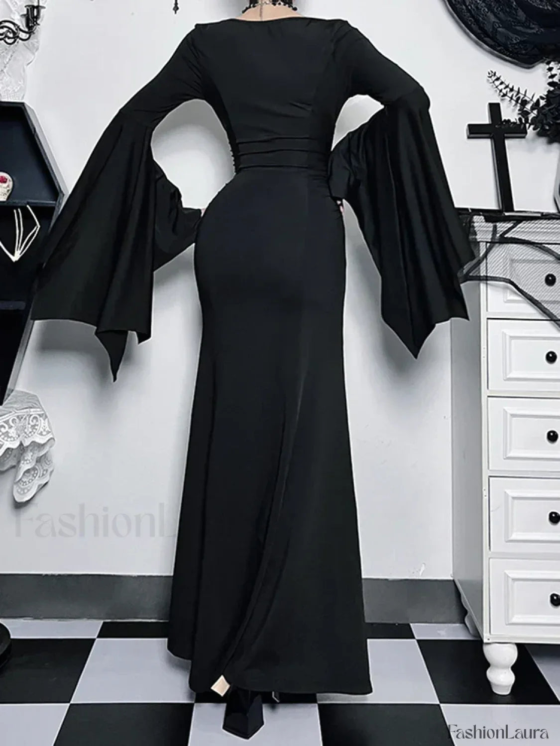 Halloween Sheath Witch Vintage Batwing Sleeve V Neck Long Formal Evening Dress