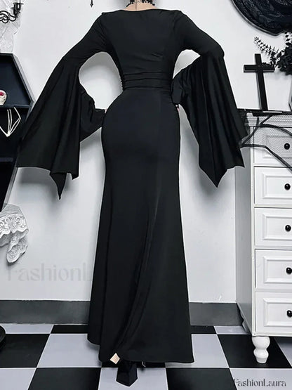 Halloween Sheath Witch Vintage Batwing Sleeve V Neck Long Formal Evening Dress