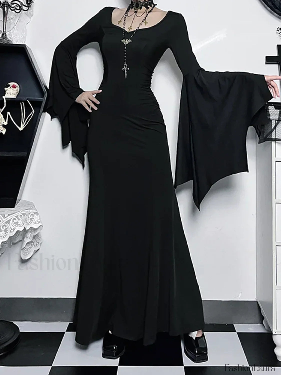 Halloween Sheath Witch Vintage Batwing Sleeve V Neck Long Formal Evening Dress