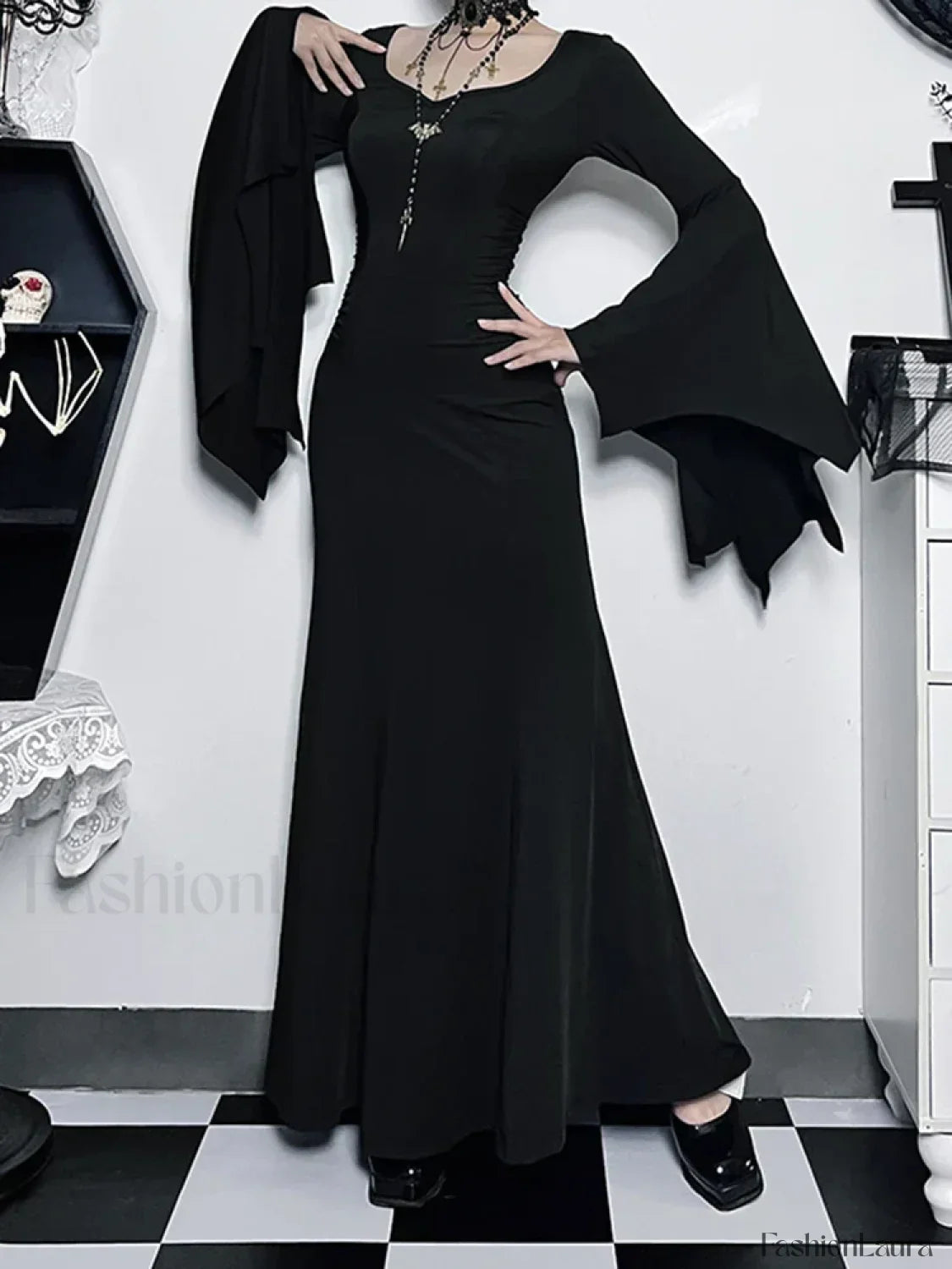 Halloween Sheath Witch Vintage Batwing Sleeve V Neck Long Formal Evening Dress