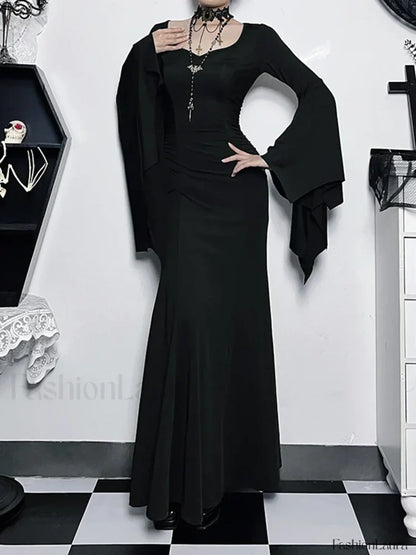 Halloween Sheath Witch Vintage Batwing Sleeve V Neck Long Formal Evening Dress