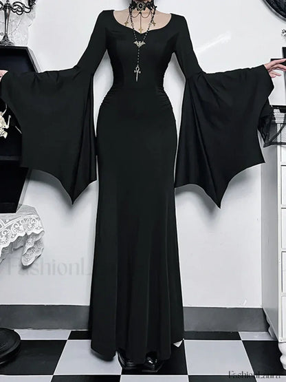 Halloween Sheath Witch Vintage Batwing Sleeve V Neck Long Formal Evening Dress