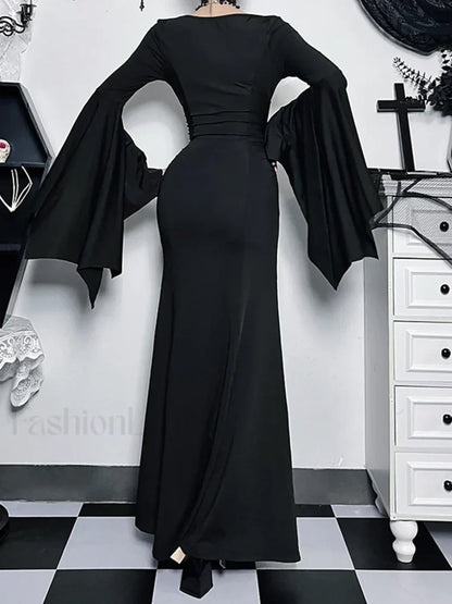 Halloween Sheath Witch Vintage Batwing Sleeve V Neck Long Formal Evening Dress