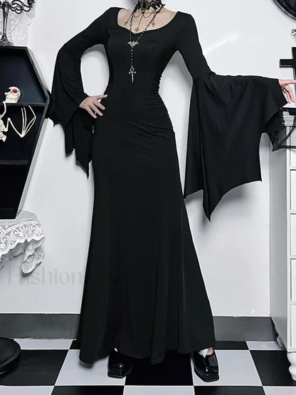 Halloween Sheath Witch Vintage Batwing Sleeve V Neck Long Formal Evening Dress