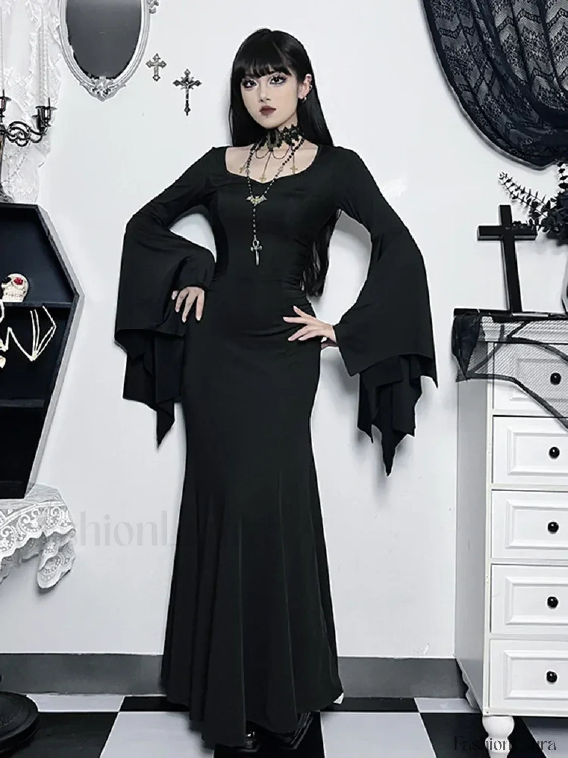 Halloween Sheath Witch Vintage Batwing Sleeve V Neck Long Formal Evening Dress Black / S