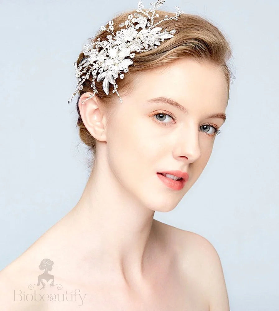 Handcrafted Floral Hair Clip For Weddings With Austrian Crystals