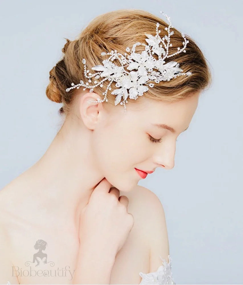 Handcrafted Floral Hair Clip For Weddings With Austrian Crystals