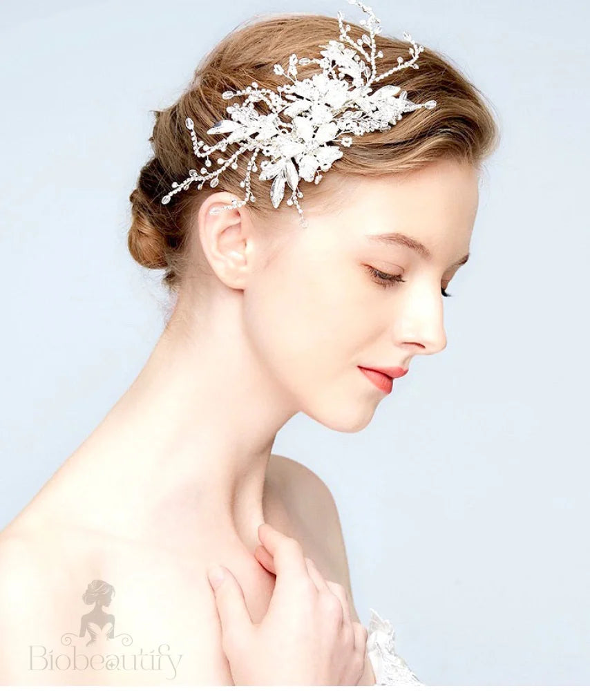 Handcrafted Floral Hair Clip For Weddings With Austrian Crystals