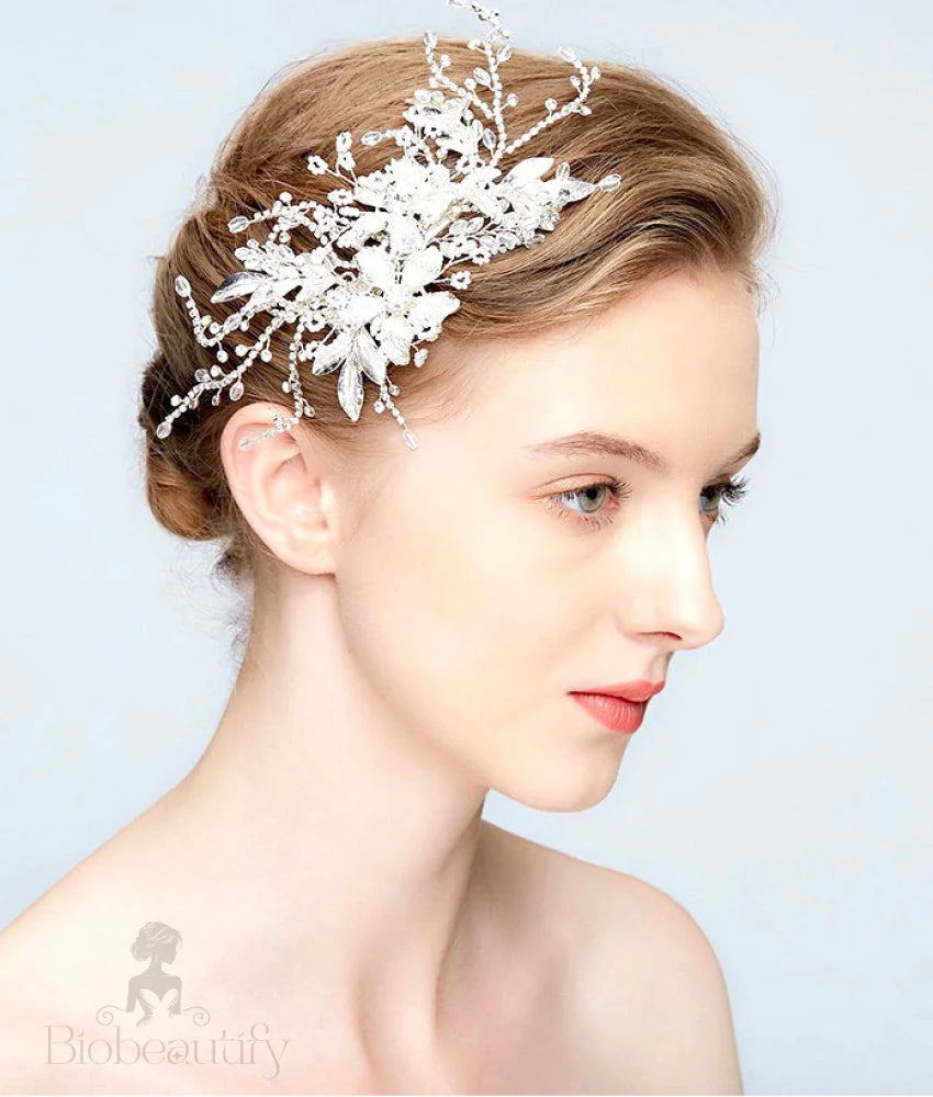 Handcrafted Floral Hair Clip For Weddings With Austrian Crystals