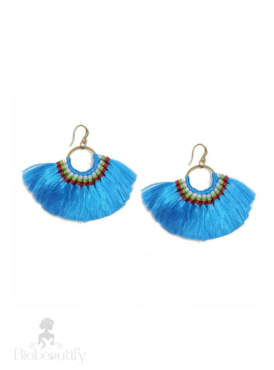 Handmade Boho Long Tassel Earrings Blue