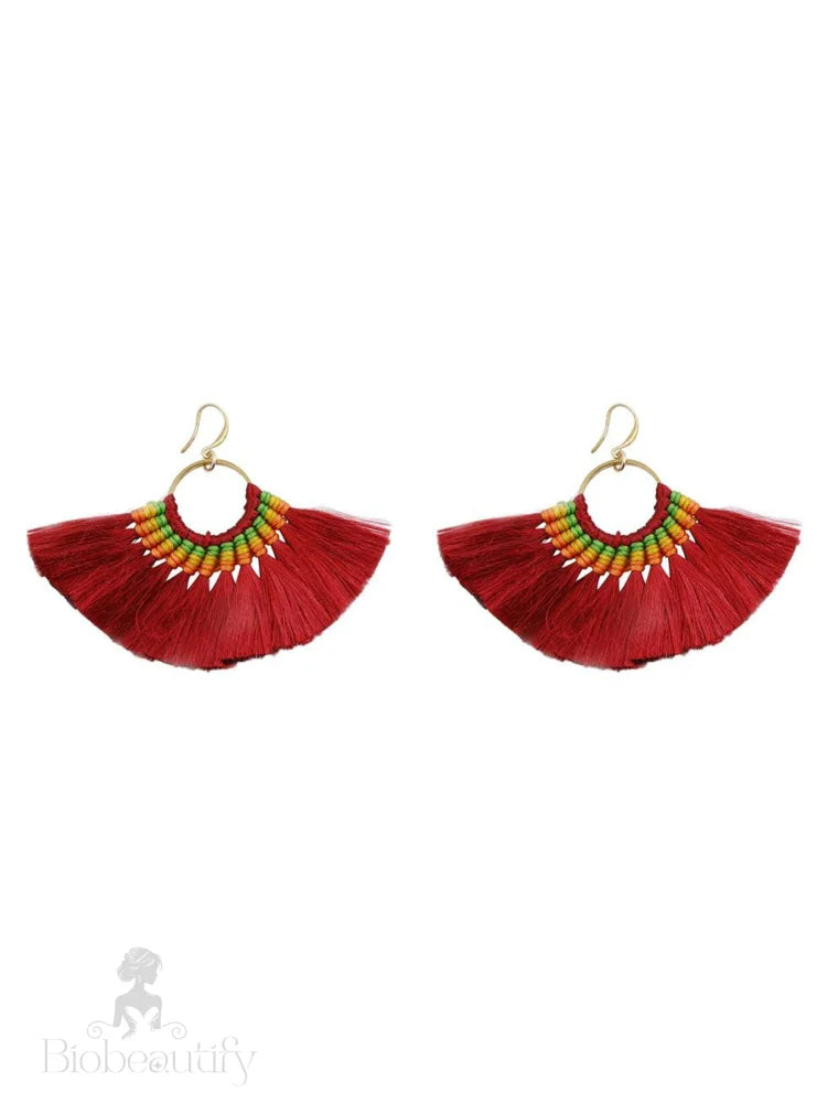 Handmade Boho Long Tassel Earrings Red